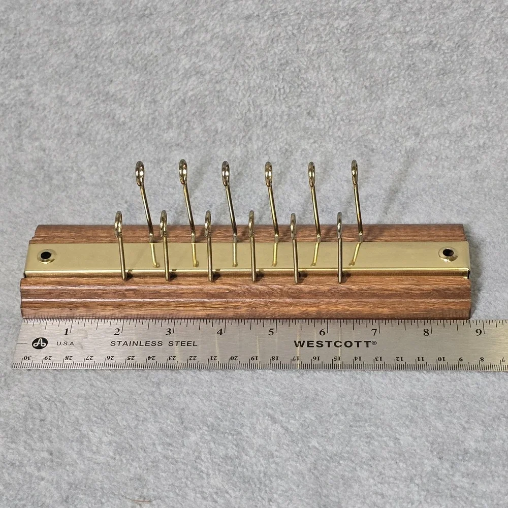 Vintage NOS Oak Wood Brass Tie Rack 12 Arm Wall Mount Necktie Organizer